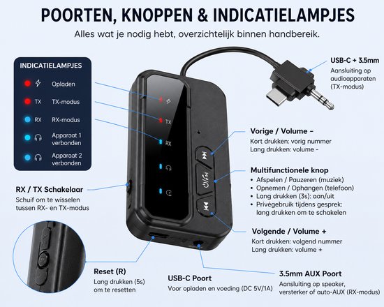 DrPhone BTConnect Bluetooth 5.4 Audio Adapter - Zender & Ontvanger - AUX 3.5mm - TV Auto Speaker van DrPhone — afbeelding 4