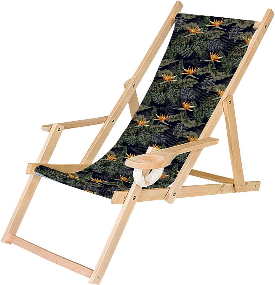 Houten Loungestoel - Strandstoel Klapstoel - Ontspannen Buiten - Met Armleuning - 109 cm - Palmen Vogel Paradijs