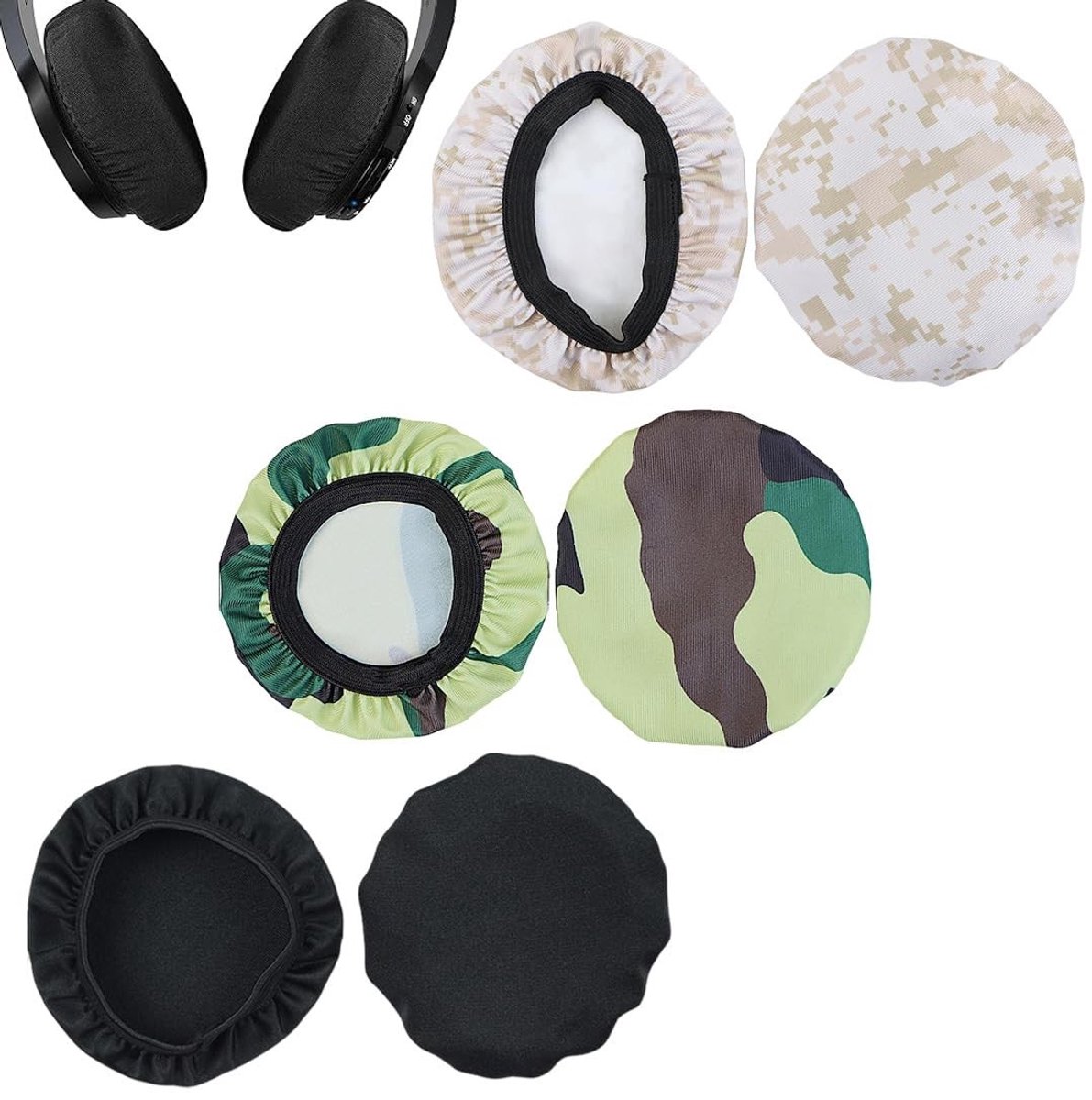 Dailygoods - Wasbare Hoofdtelefoonhoesjes - Stofdicht en Herbruikbaar - Elastische Liners - Zwart/Camouflage - Oorkussens voor Hoofdtelefoons - Voor 9...