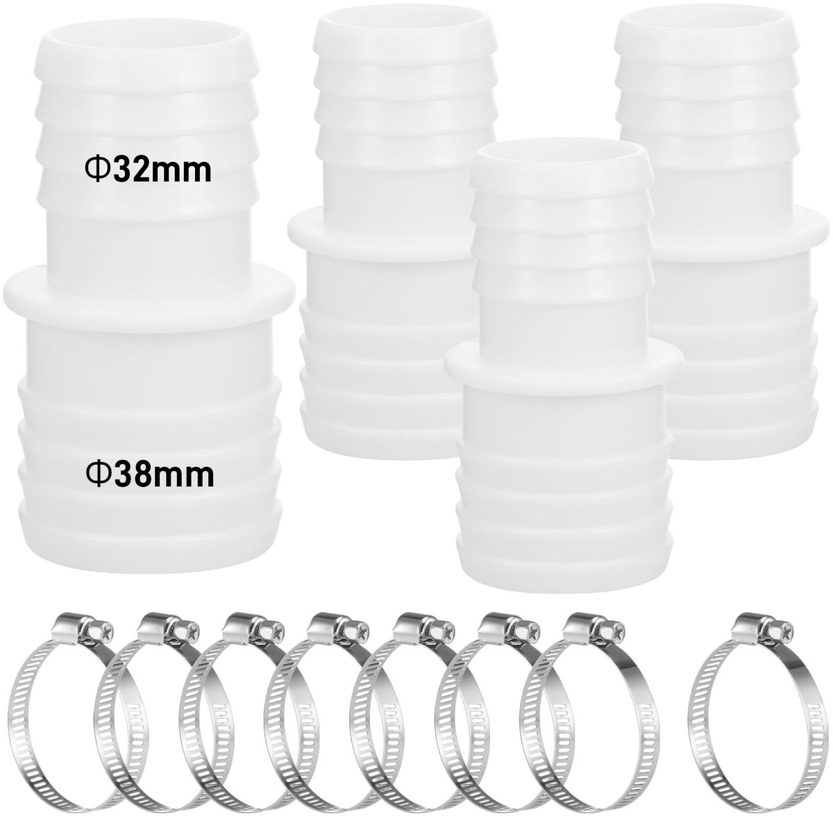 Dailygoods- Poolslangfittingen Set van 4 - Diameter 32-38 mm - Roestvrij Staal - Metalen Klemmen - Universele Aansluiting - Geschikt voor Zwembaden - Slangconnector