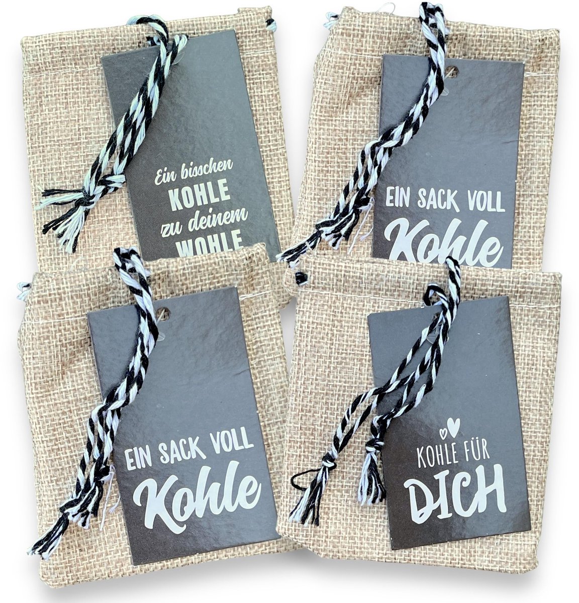 Dailygoods- Geldgeschenkzakjes 4-delige set - Jute zakjes 9,5 x 10,5 cm - Cadeauhangers 8,5 x 5 cm - Originele presentaties - Voor bruiloften/verjaardagen - Stijlvol en trendy - Cadeauzakjes