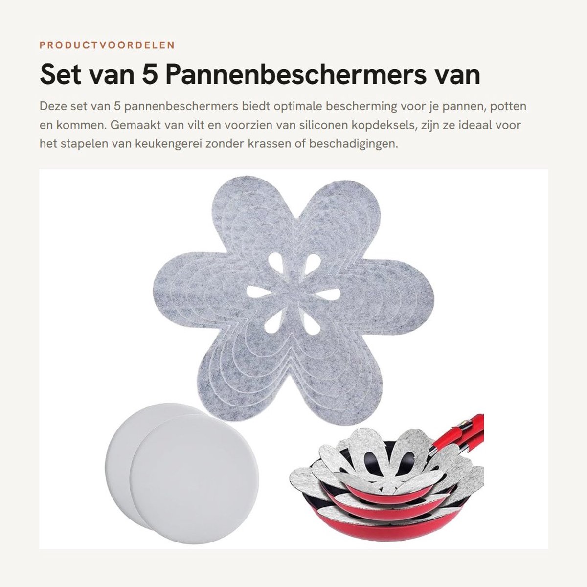 Dailygoods- Pannenbeschermer Vilt - Stapelbescherming - 5 Stuks - Siliconen Kopdeksels - Voor Pannen/Potten/Kommen - Lichtgrijs - Pannenbescherming
