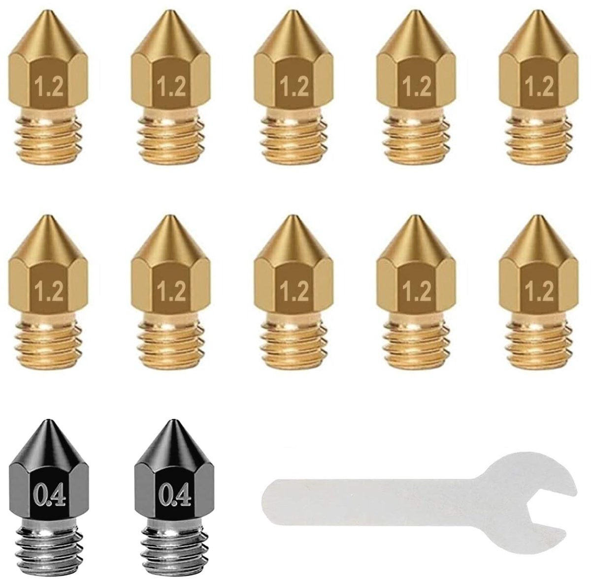 Dailygoods- Sproeiers Set van 12 - 3D-printer Sproeiers 2 x 0,4 mm - Messing Spuitmonden 1,2 mm - Moersleutel - Hoge thermische geleidbaarheid - Geschikt voor PLA/TPU/ABS - Spuitmond