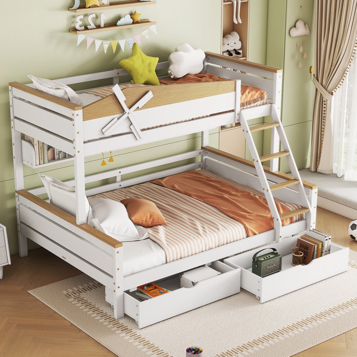 DESMIU Stapelbed 90x200 cm en 140x200 cm – Met Windmolen En Opbergruimte – Met Schuine Ladder En Lades – Zonder Matras – Voor Kinderkamer – Hout – Wit En Naturel Wit + Natuur