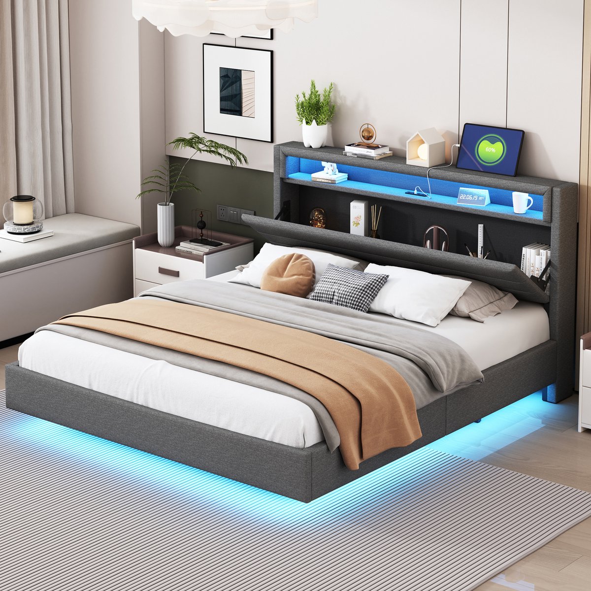 DESMIU Gestoffeerd Bed 160x200cm – Bed Met Oplaadpunt En Verlichting – Wendbaar Hoofdbord Met Opbergruimte – Voor Slaapkamer – Linnenlook – Grijs – Zonder Matras