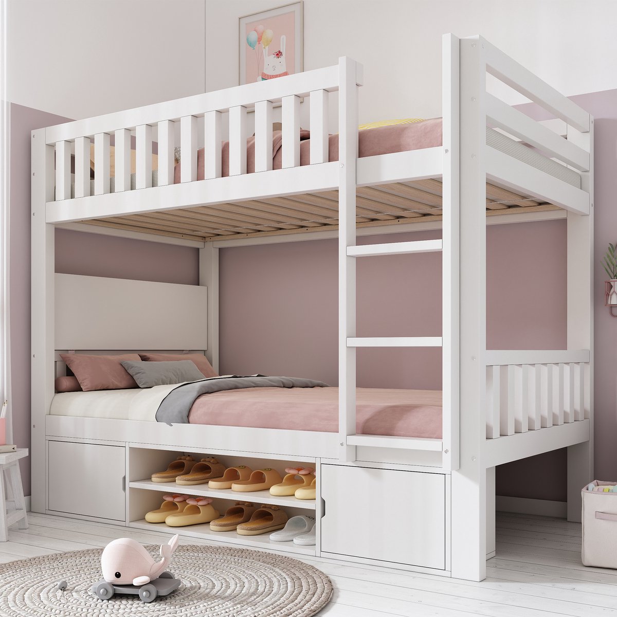 DESMIU Stapelbed 90x200 cm – Multifunctioneel Slaapbed Met Klaptafel – Ingebouwde Schoenopslag En Opbergkasten – Voor Kinderkamer – Hout In Moderne Stijl – Wit – Zonder Matras