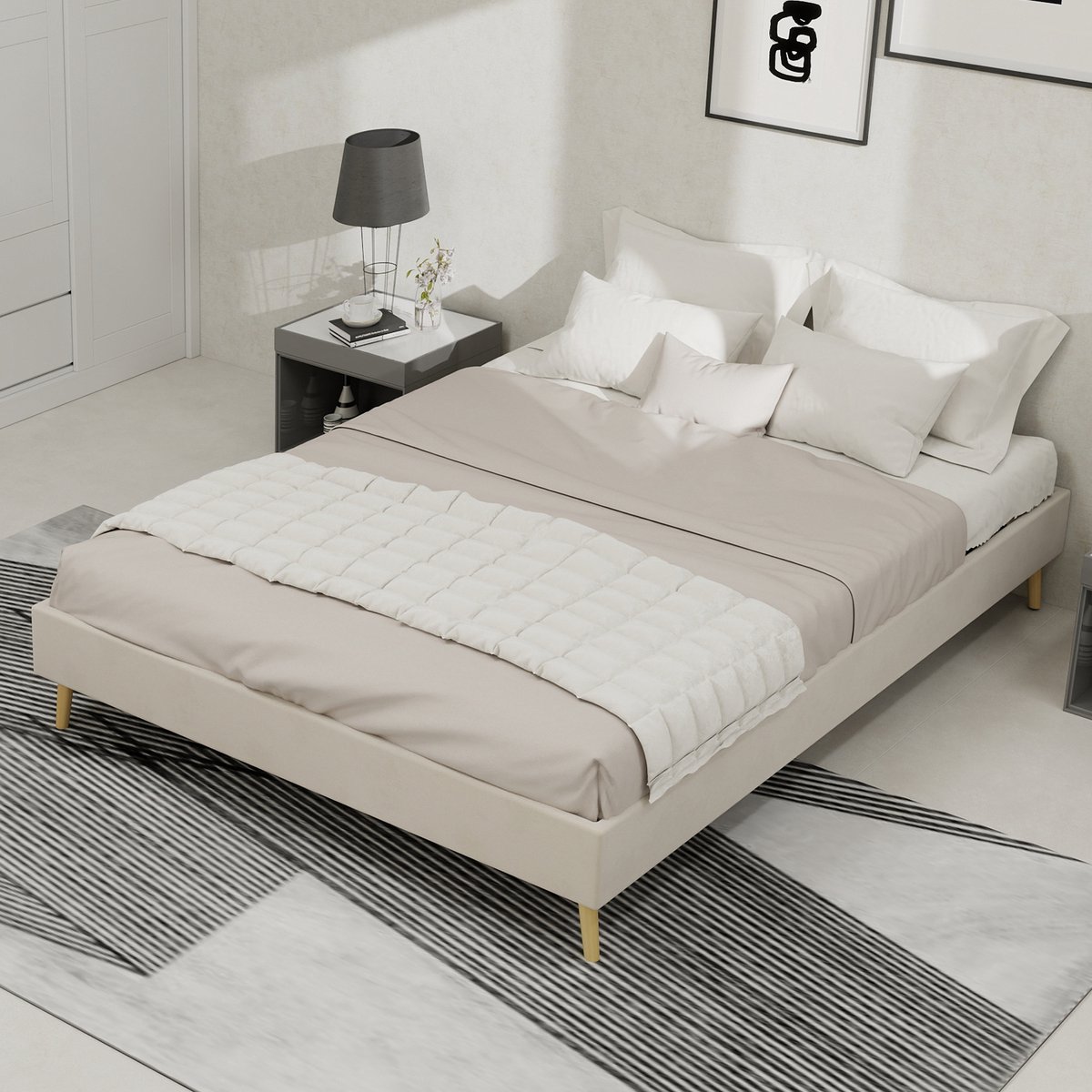 DESMIU Gestoffeerd Bed 140x200cm - Modern Slaapbed Zonder Matras - Stevig Platformbed Met Lage Instap - Voor Slaapkamer - Fluweel En Metaal - Beige
