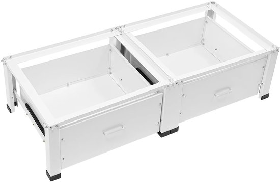 Witte metalen wasmachineverhoger met twee lades. De ladefronten zijn zichtbaar, met handgrepen.