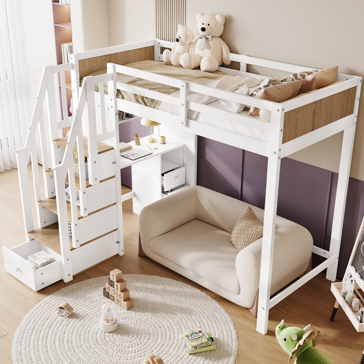 DESMIU Stapelbed 90x200 cm – Kinderbed Met Bureau En 3 Lades – Opbergtrap Met Lade – Voor Kinderkamer – Massief Hout En MDF – Wit/Naturel – Zonder Matras