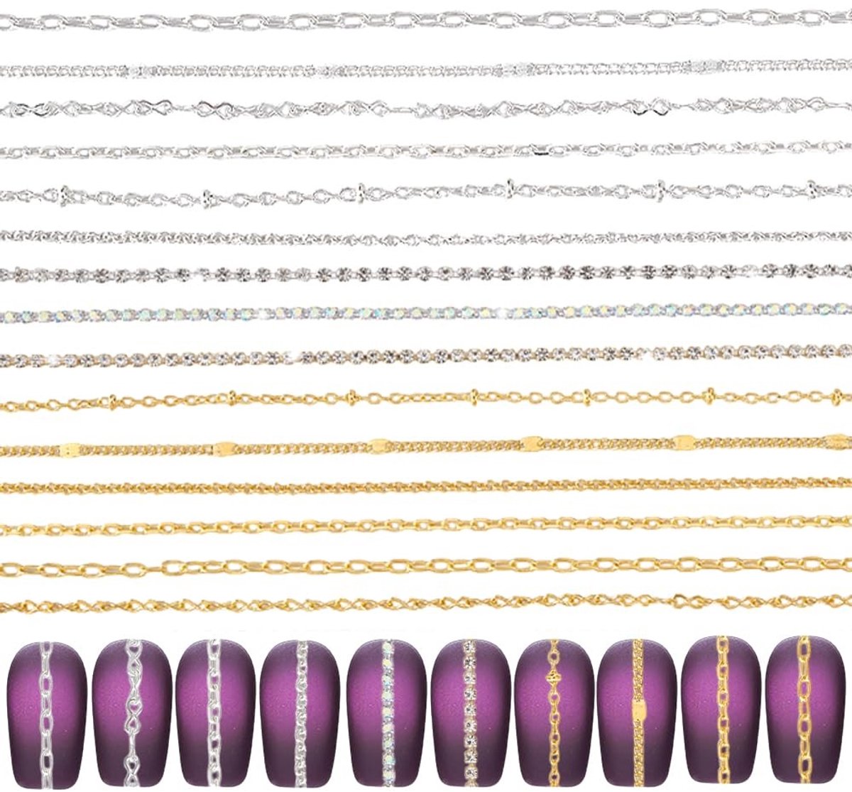 Dailygoods- Nail Kettingen Set 15 Stijlen - Metalen Charms - Strass Kettingen - DIY Accessoires - Delicate Decoratie - Lengte 17,5-21 cm - Nagelsieraden