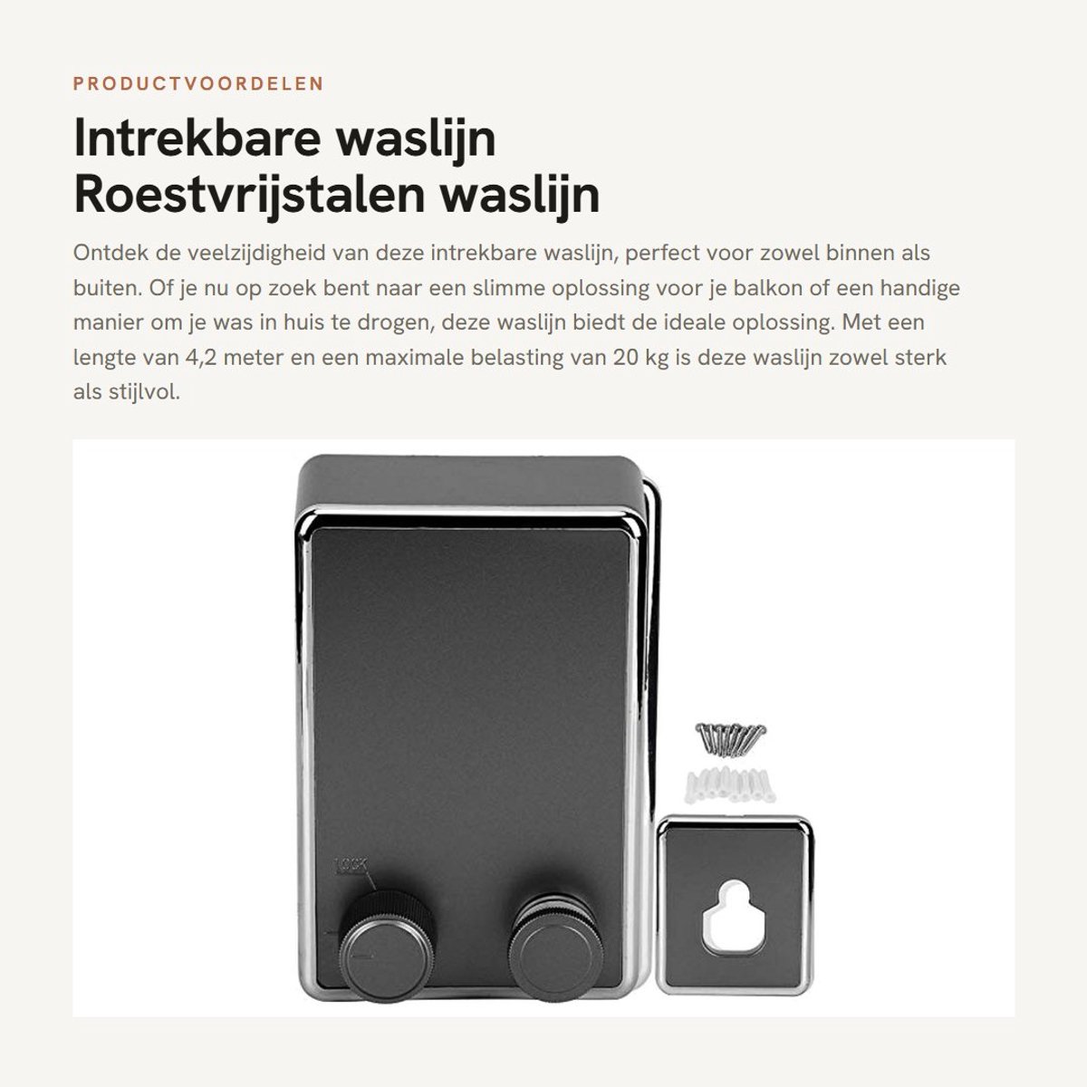 Dailygoods- Waslijn Intrekbaar - Wandmontage - Roestvrij Staal - Duurzaam - Max. Belasting 20 kg - Lengte 4,2 meter - Kledingdroogrek