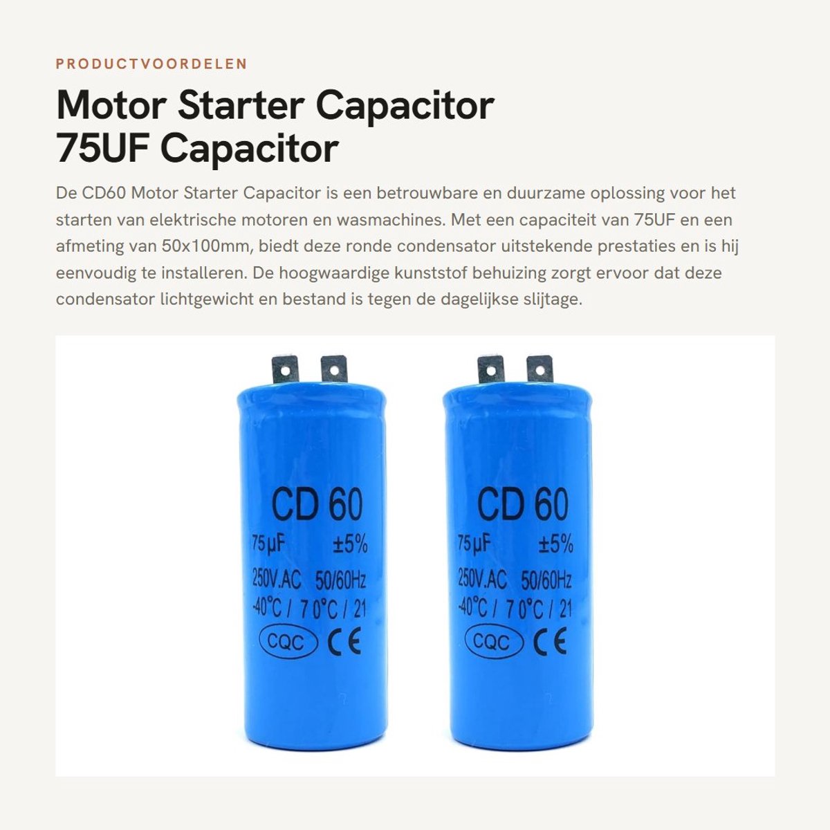 Dailygoods - Motor Starter Capacitor - 75UF Capacitor - Ideaal voor Motoren en Wasmachines - 50x100mm - Duurzaam en Efficiënt - Geschikt voor Diverse...