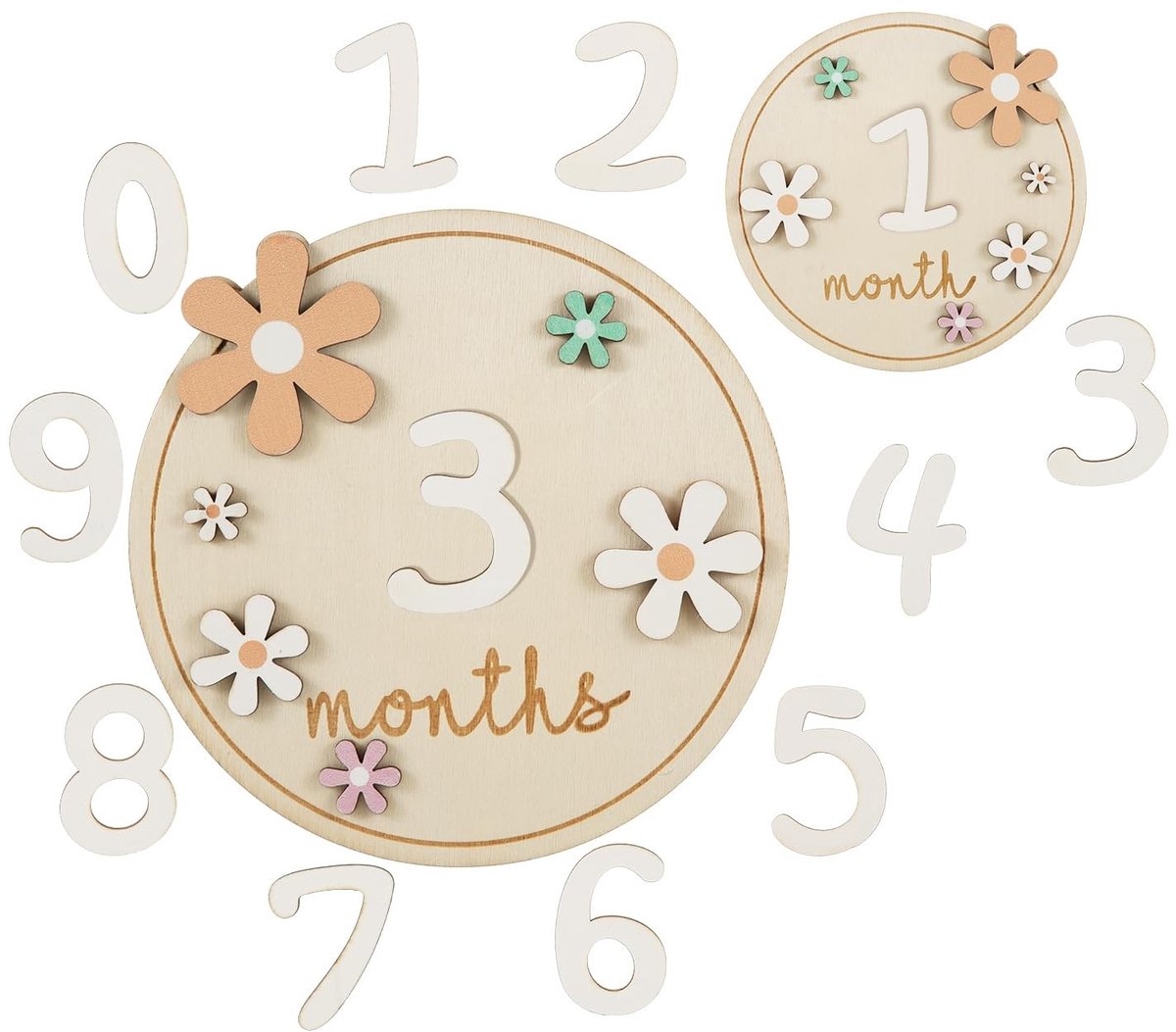 Dailygoods- Babymaandenbord Houten Kleur - 11 Cijfers - Babyaankondigingsteken - Babygroeirecord - 15x15cm - Inclusief Lijmpuntsticker - Maandbord