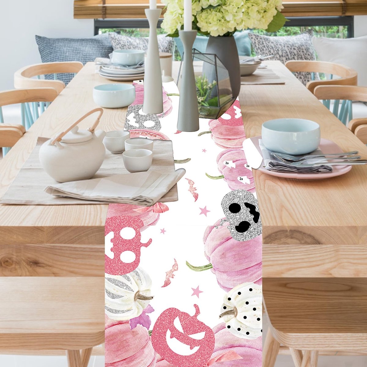 Dailygoods- Tafelloper Halloween - Roze Linnen - Keukendecoratie - Binnen/Buiten - 72 x 12 inch - Ademend en huidvriendelijk - Tafelkleed
