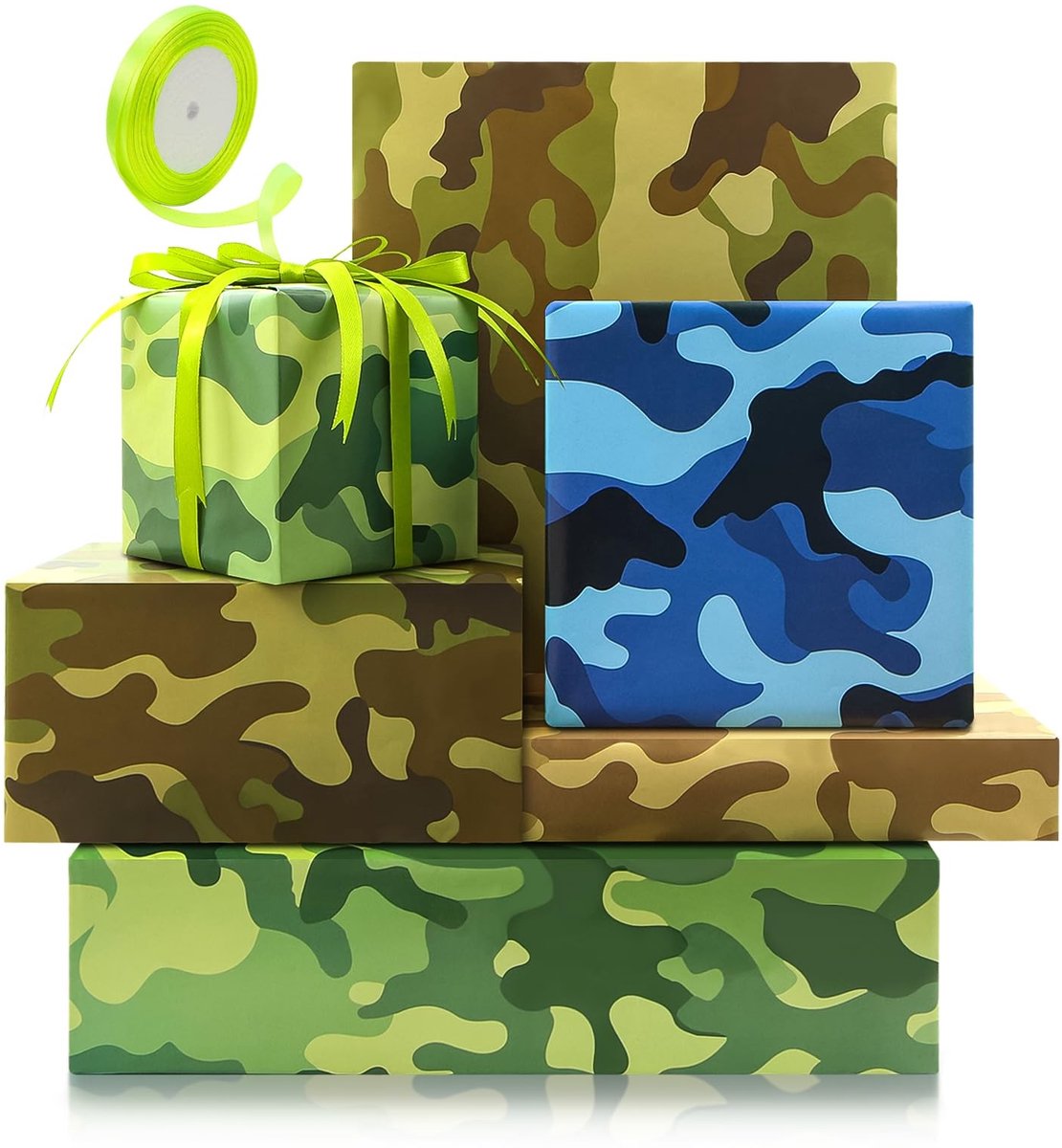 Dailygoods- Inpakpapier Army Camo - 4 Vellen 50 x 70 cm - Camouflage Cadeauverpakking - Geschikt voor Verjaardag - Perfect voor Jagers - Glad Ontwerp met Lint - Cadeaupapier