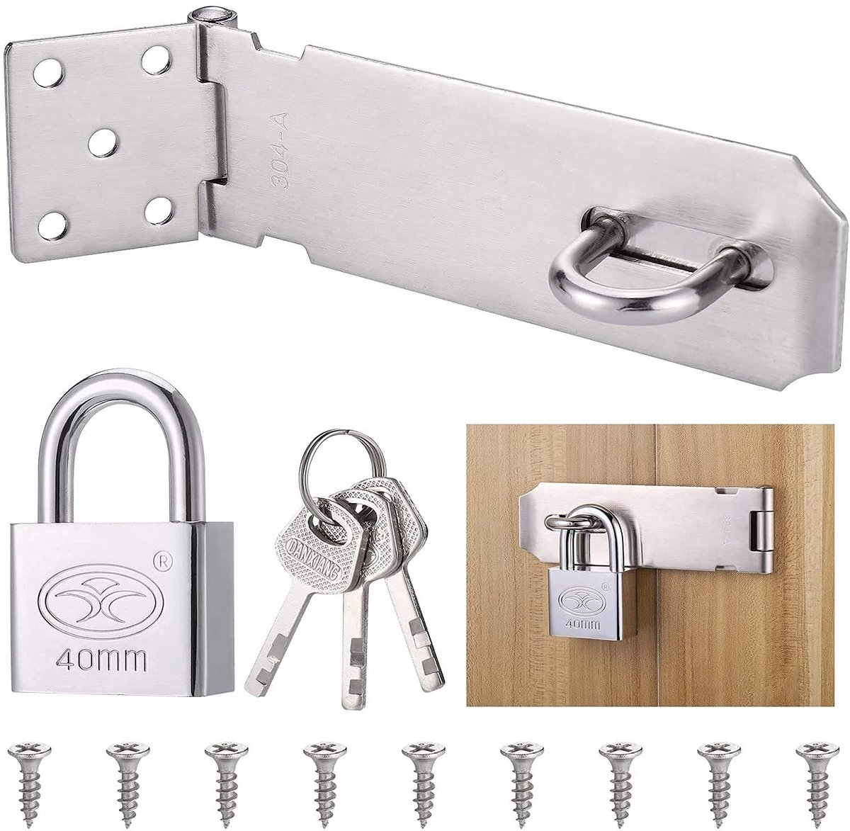 Dailygoods- Hangslot roestvrij staal - Deurslot - Robuuste klem - Hangslot met sleutel - Deurvergrendeling - Verstelbare inbouwpositie