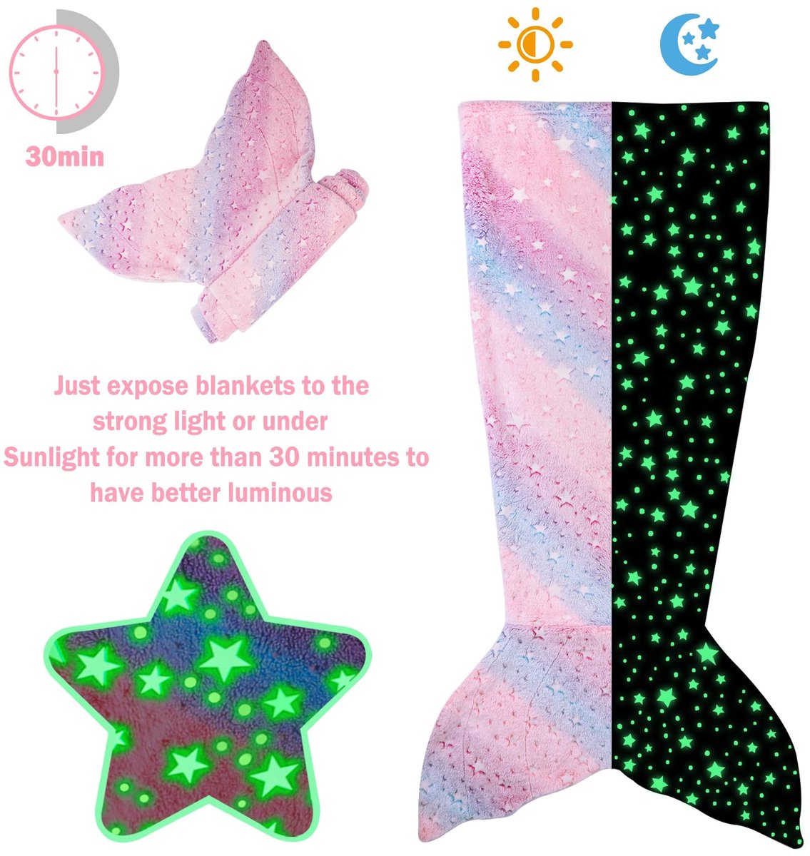 Dailygoods - Zeemeerminstaart-deken - Flanellen deken - Licht op in het donker - Meerkleurige ster - Cadeau voor meisjes - Geschikt voor kinderen - 43...