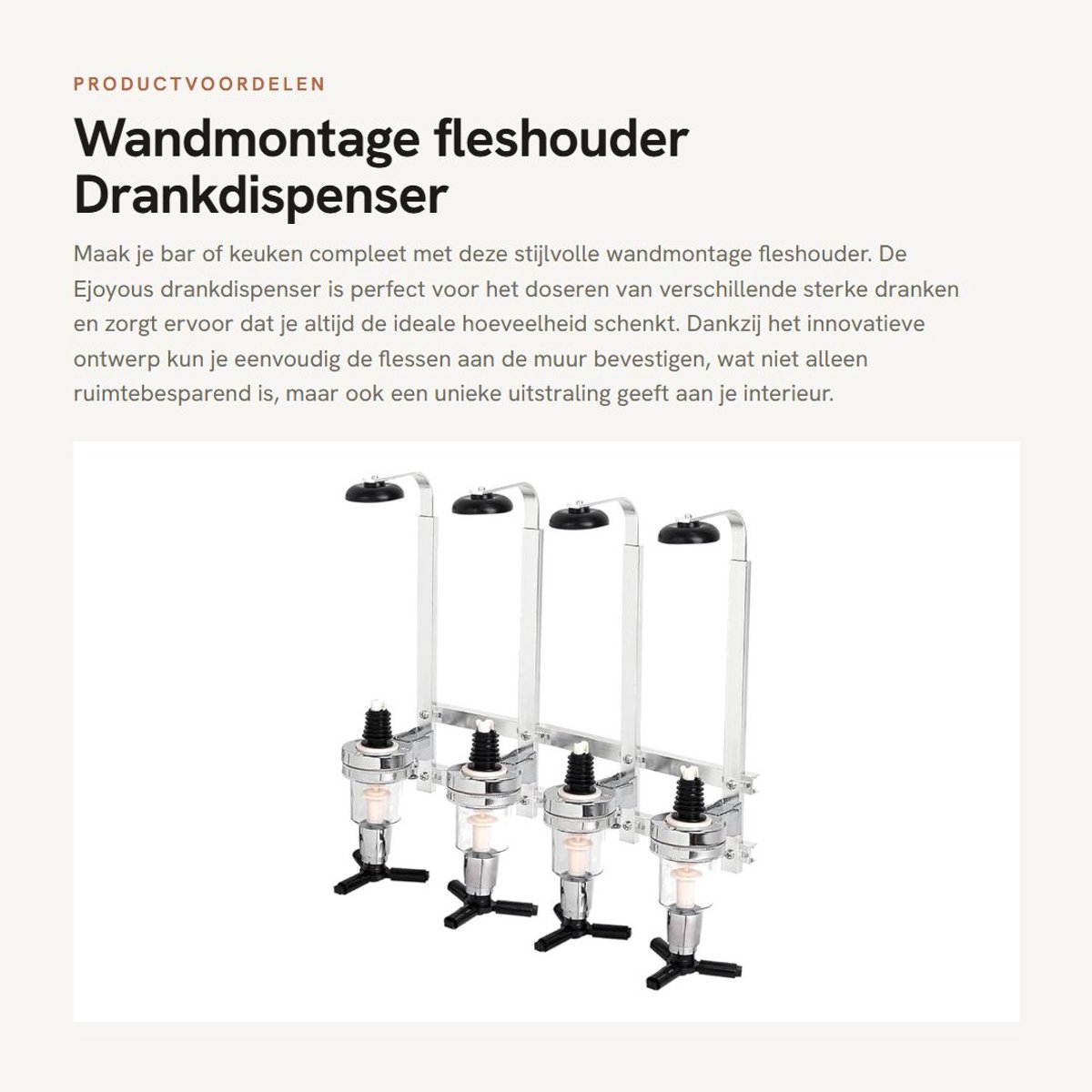 Dailygoods- Fleshouder Wandmontage - Drankdispenser - Drankportioneerder - Lekkagebestendig - 4 Flessen - 30 ml Dosering