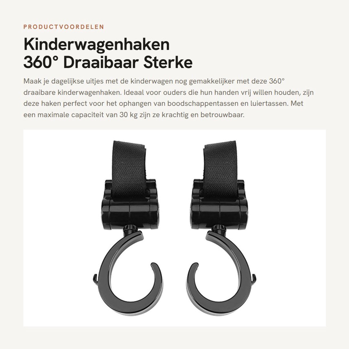 Dailygoods- Kinderwagenhaken 360° Draaibaar - 2 Stuks - ABS-materiaal - 30 kg Capaciteit - Universeel voor Boodschappentassen - Geschikt voor Luiertas - Boodschappenhaken