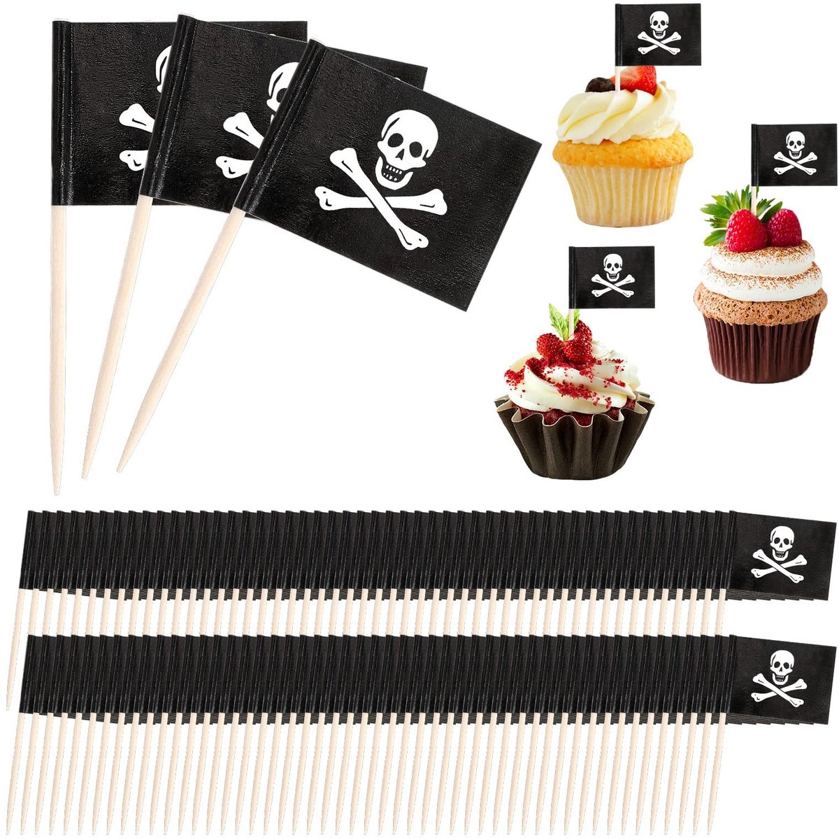 Dailygoods- Tandenstokers 100 Stuks - Piraten Tandenstokers - Vlaggen - Decoratieve Spiesen - Taartopzetstuk - Cocktailpartyaccessoires - Feestdecoratie