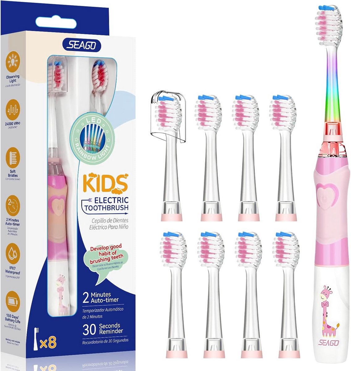 Elektrische Tandenborstel - Kinder Tandenborstel - Mondhygiëne Bevorderen - Intelligente Timer Functie - 8 Borstelkoppen - Roze