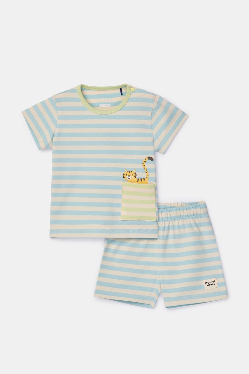 Woody T-shirt + short baby unisex - blauw gestreept - tijger - 261-10-BPI-Z/917 - maat 80