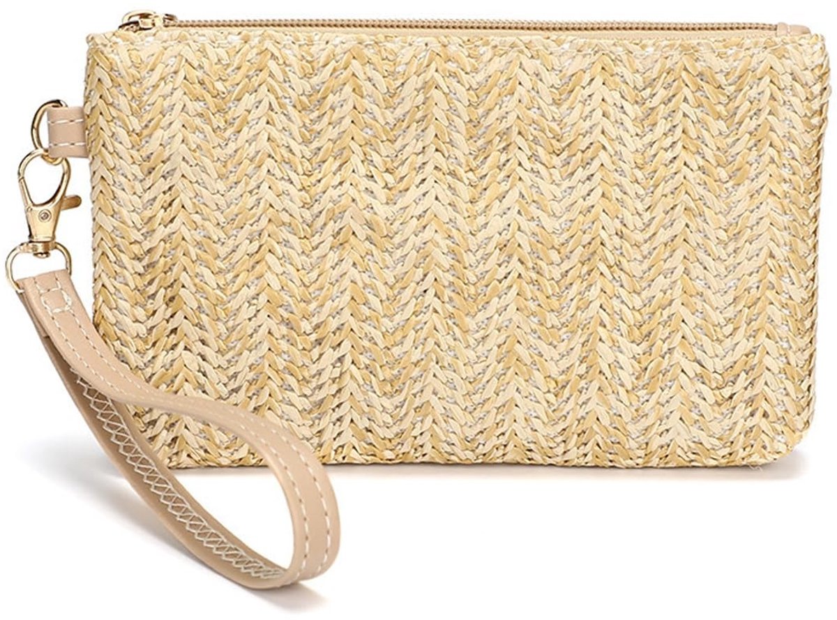 Stro Clutch Dames - Klein Schoudertasje met Polsband - Strandtas Beige