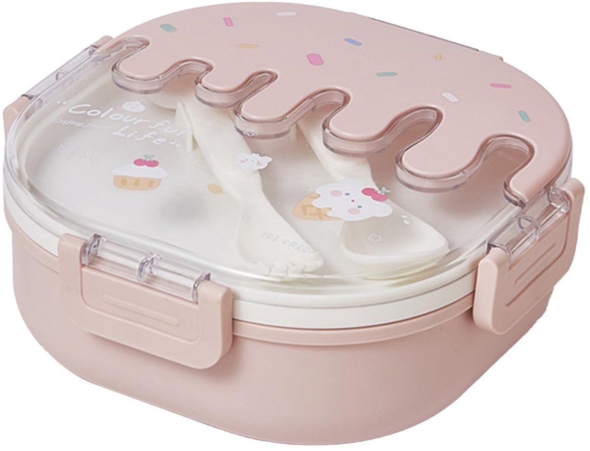 Dailygoods- Lunchbox met 3 Compartimenten - Voedselcontainer - Herbruikbaar Plastic - Vork en Lepel - Schattig Ijsontwerp - Veilig en Stabiel