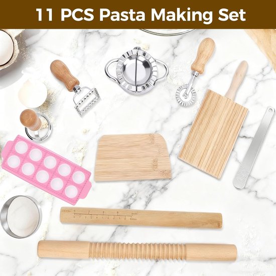 Pasta Maken Gereedschap - Knoedel Kit - Thuis Italiaans Koken - 11 Delige Set - 800 Gram - Houtkleur — afbeelding 4