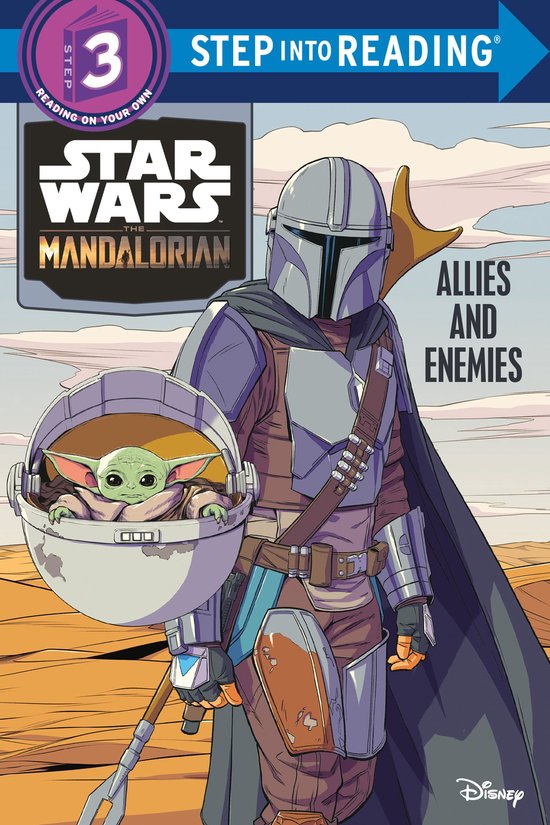 The Mandalorian met Grogu in zijn mandje, met op de achtergrond de titel 'Star Wars: The Mandalorian Allies and Enemies' en 'Step 3 Into Reading'.
