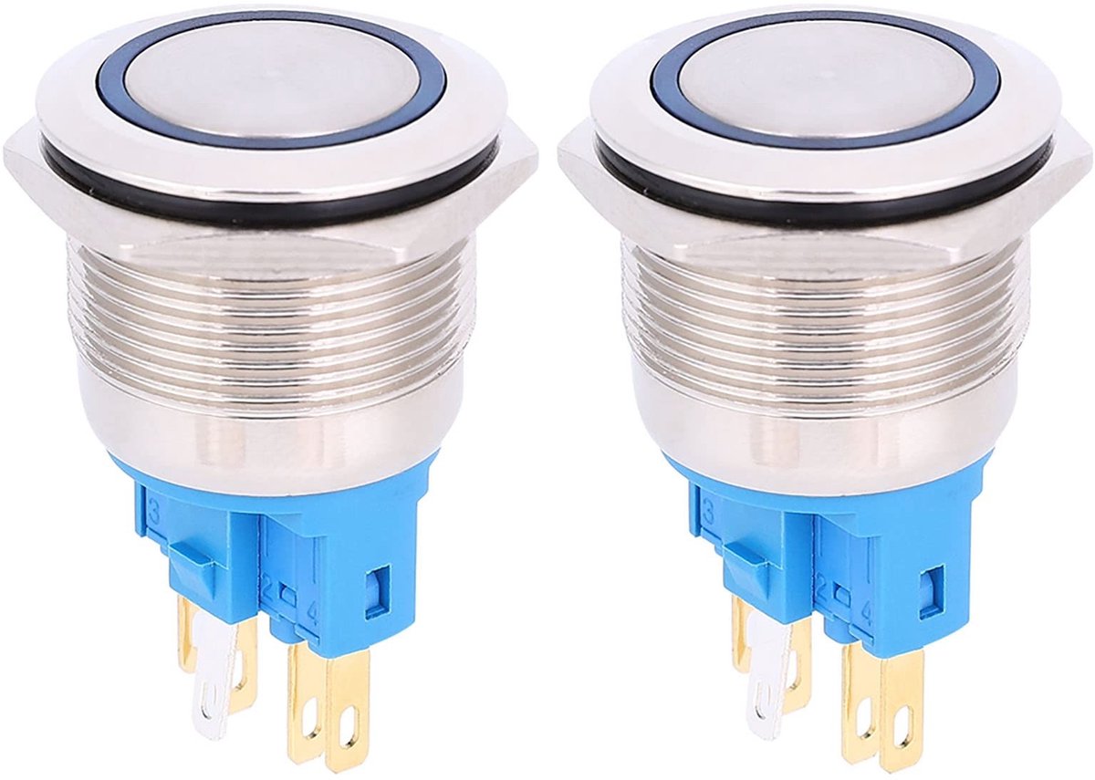 aladdien - Push Button Switch - Ronde Resetknop IP65 - 2 Stuks RVS Blauw - Voor elektrische toepassingen - Duurzaam en betrouwbaar - Geschikt voor s...