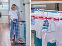 Étendard pliable avec cadre bleu, fils de séchage blancs et porte-pinces à linge rouge. Détail avec chaussettes blanches.