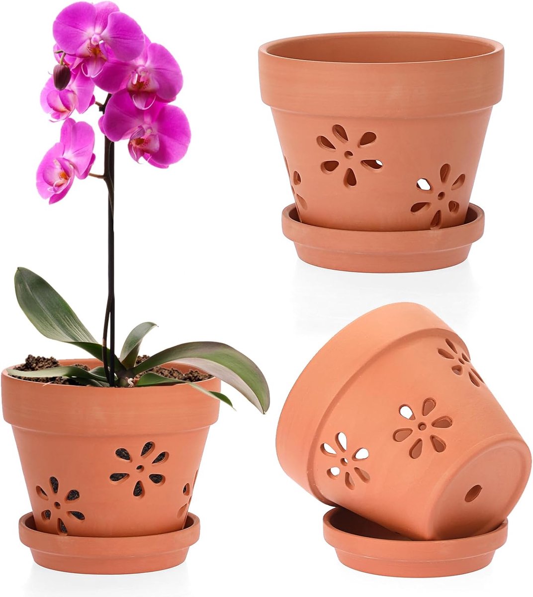 Famanu – Set van 3 terracotta bloempotten met gaten en schotels, kleine plantenpotten voor binnen en buiten, 15 x 13 cm