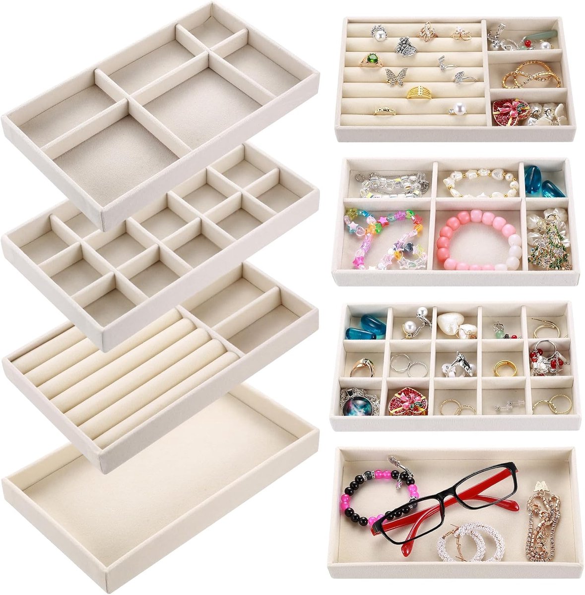 Famanu – Set van 4 sieraden opbergvakken voor lades, stapelbare organizers voor armbanden, ringen en oorbellen