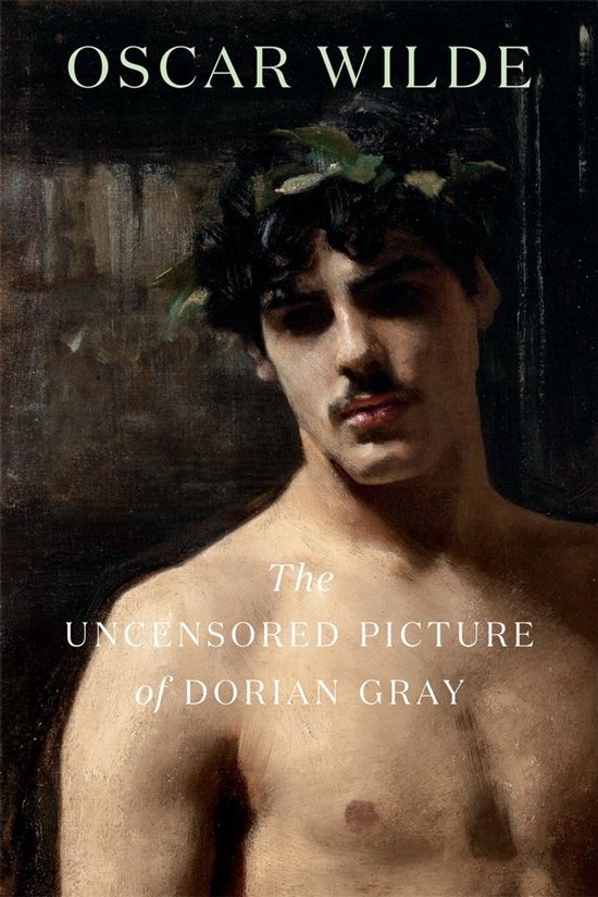 Boekhoes voor "The Uncensored Picture of Dorian Gray" met een schilderij van een jonge man met een lauwerkrans.