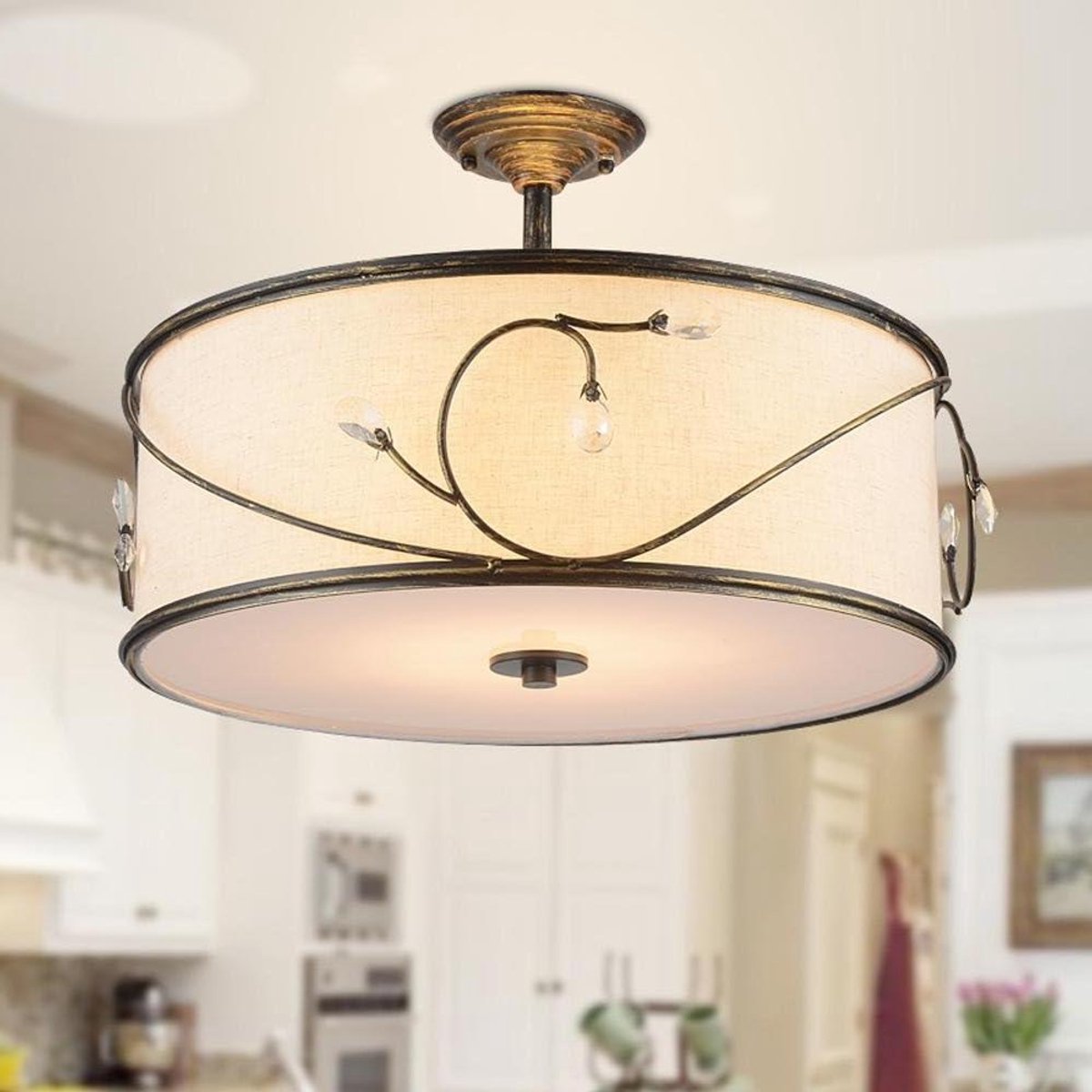 Kristallen Plafondlamp - Stoffen Kap Lamp - Sfeervolle Verlichting - Ronde Jute Kap - Ø52