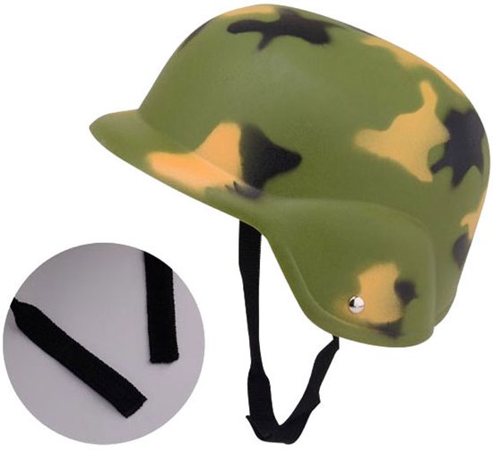 Legerhelm met camouflageprint in groen, geel en zwart. Met kinband en detail van zwart klittenband.