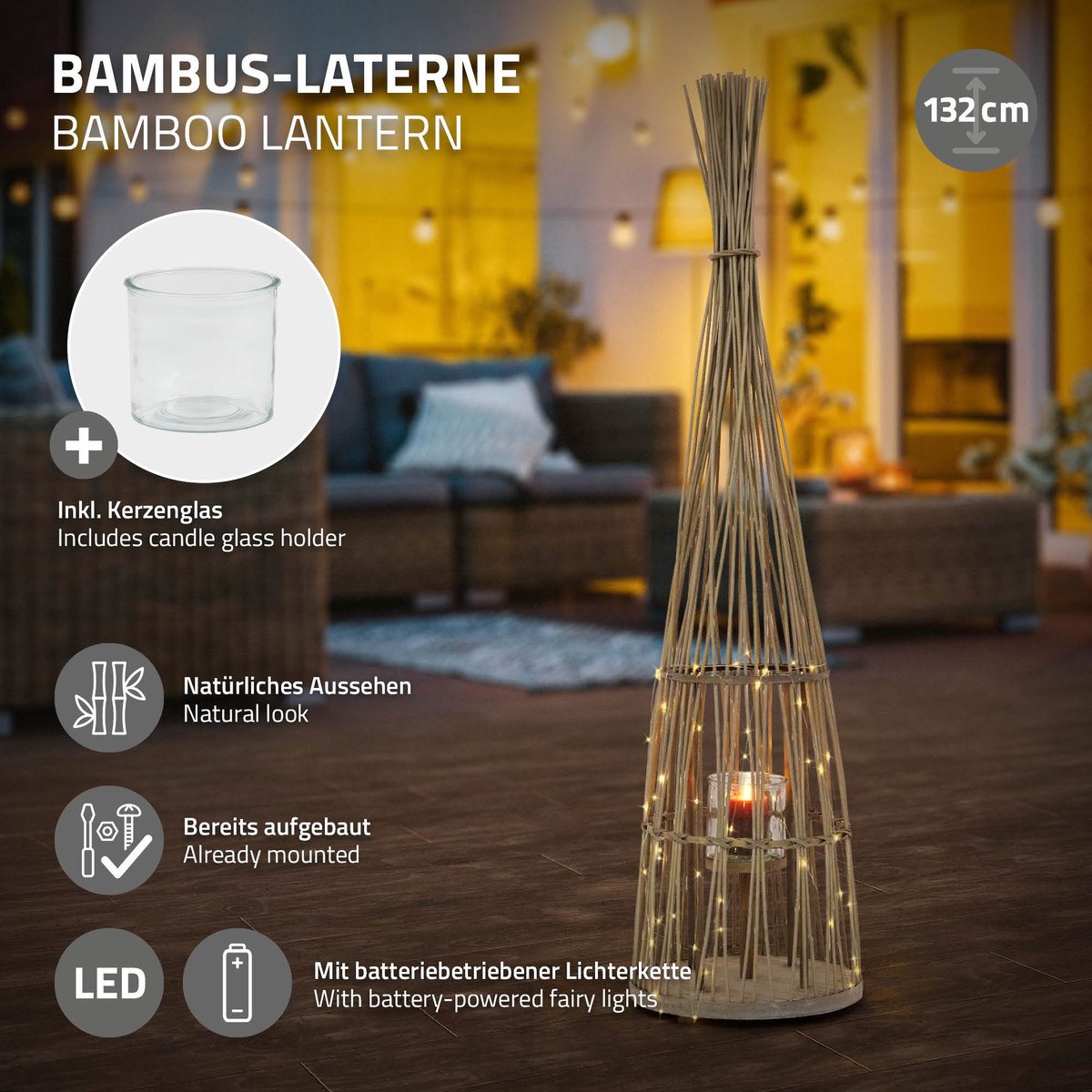 ECD Germany Bamboe lantaarn decoratieve houten windlicht serie grote kaarsenhouder van 132 cm hoog, sfeervolle led lichtketting met glazen inzetstuk luxe boho stijl tuinlantaarn gevlochten look moderne decoratie voor binnen buiten terras en woonkamer — cadeau in Wonen & Interieur - foto 7