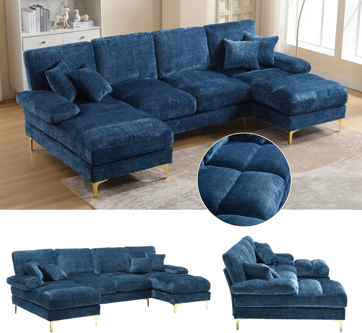 Moderne, grote U-vormige hoekbank van chenille met dubbele relaxfauteuils voor de woonkamer, slaapkamer, kantoor, appartement, villa, lounge of bij de open haard.