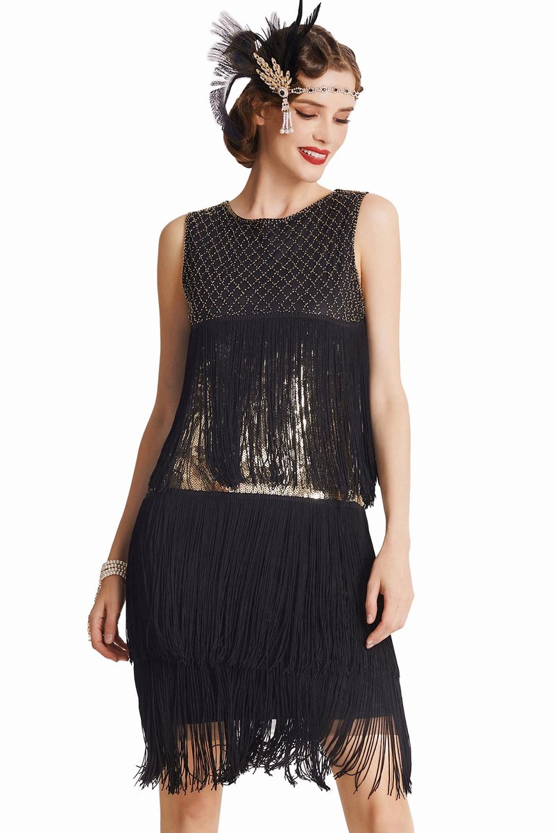 aladdien - ArtiDeco Charleston-jurk - Cocktailjurk - Jaren 20 stijl - Knielang - Flapperjurk - Geschikt voor feestjes en themafeesten