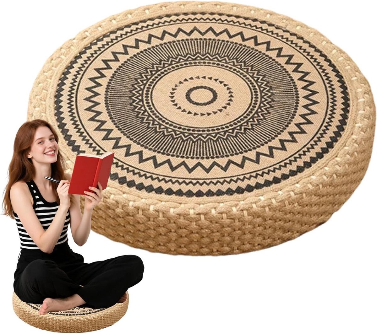 Meditatiekussen - Vloermat Gewatteerd - Ontspannen Zitten - Natuurlijke Stro Textuur - 40 cm Diameter - Zwart