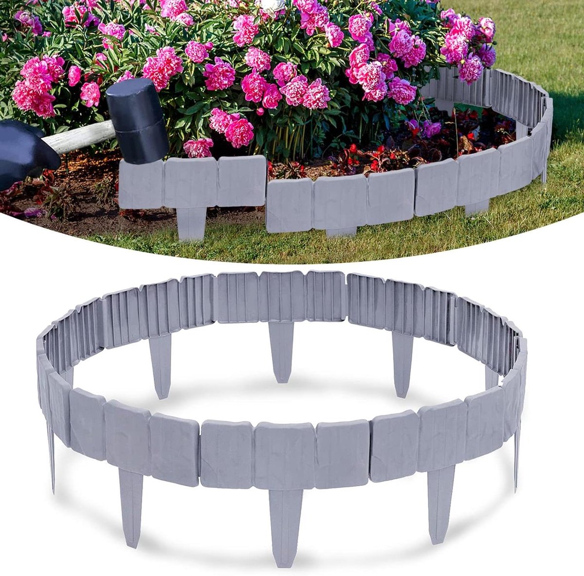 Gazonrand Steenlook - Tuinomheining Borderrand - Tuinieren Bloembedden - Flexibel Insteeksysteem - 15 meter - Grijs