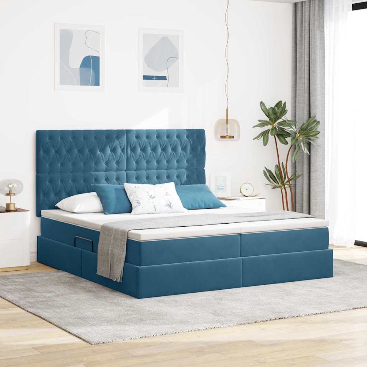 vidaXL LED - opbergbed - met - matras - Donkerblauw - 200 - x - 200 - cm - Fluweel