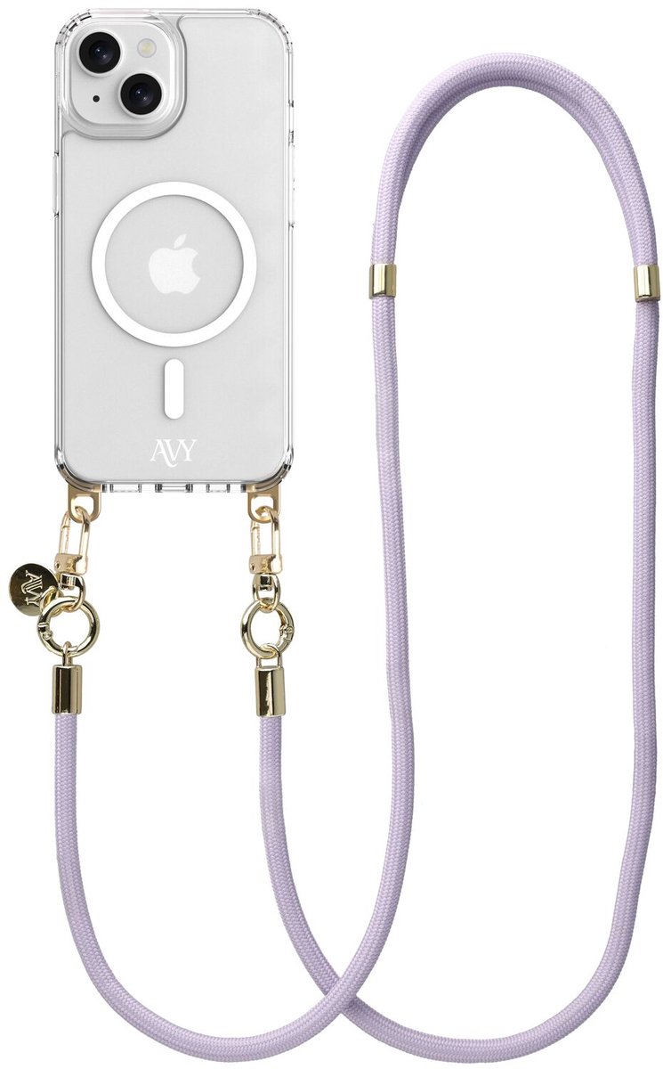 AVY Hoesje geschikt voor Apple iPhone 15 | Compatibel met MagSafe | Clear Case met Telefoonkoord 130CM | Crossbody Tressé Purple