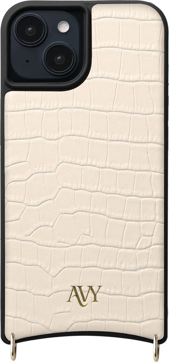 AVY Leren Hoesje geschikt voor Apple iPhone 15 | Compatibel met MagSafe | Leather Case | Back Cover | Haakjes voor koord | Croco Beige