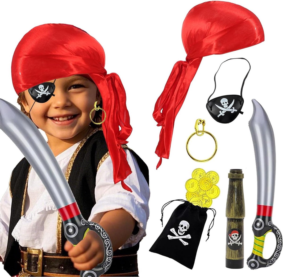 Piratenkostuum met Hoofddoek, Oogmasker, Oorbellen, Opblaasbaar Mes, Verrekijker, Portemonnee en Gouden Munten voor Carnaval en Feestjes