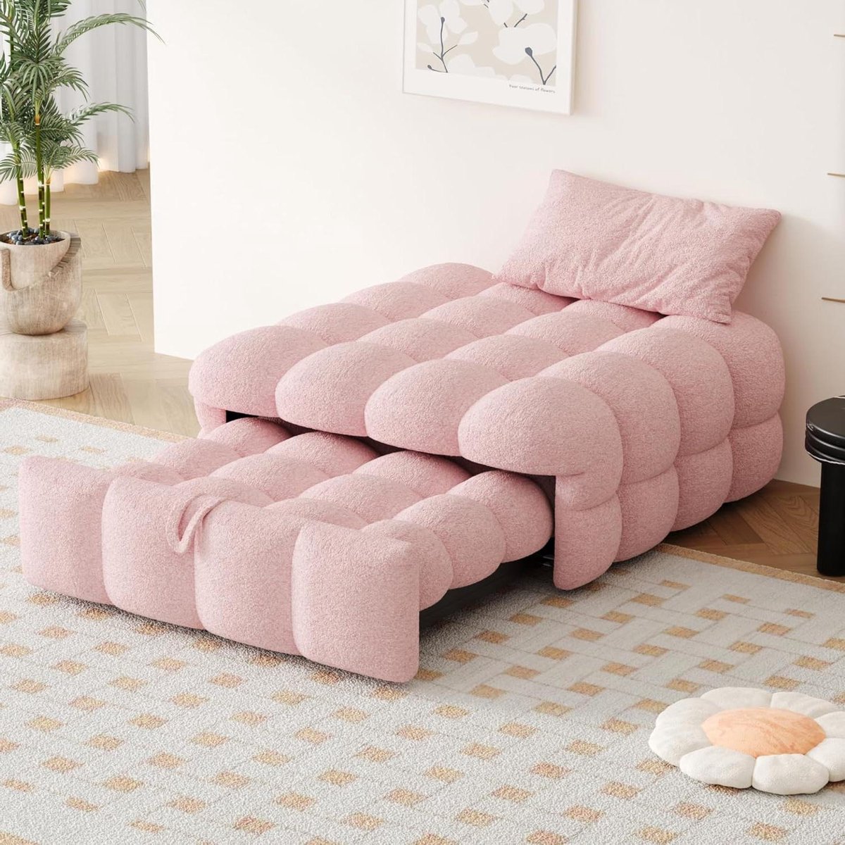 Uitklapbaar Slaapbank - Voetbank Bed - Gastvrij Ontvangen - Zachte Teddy Stof - 183x76x42cm - Roze