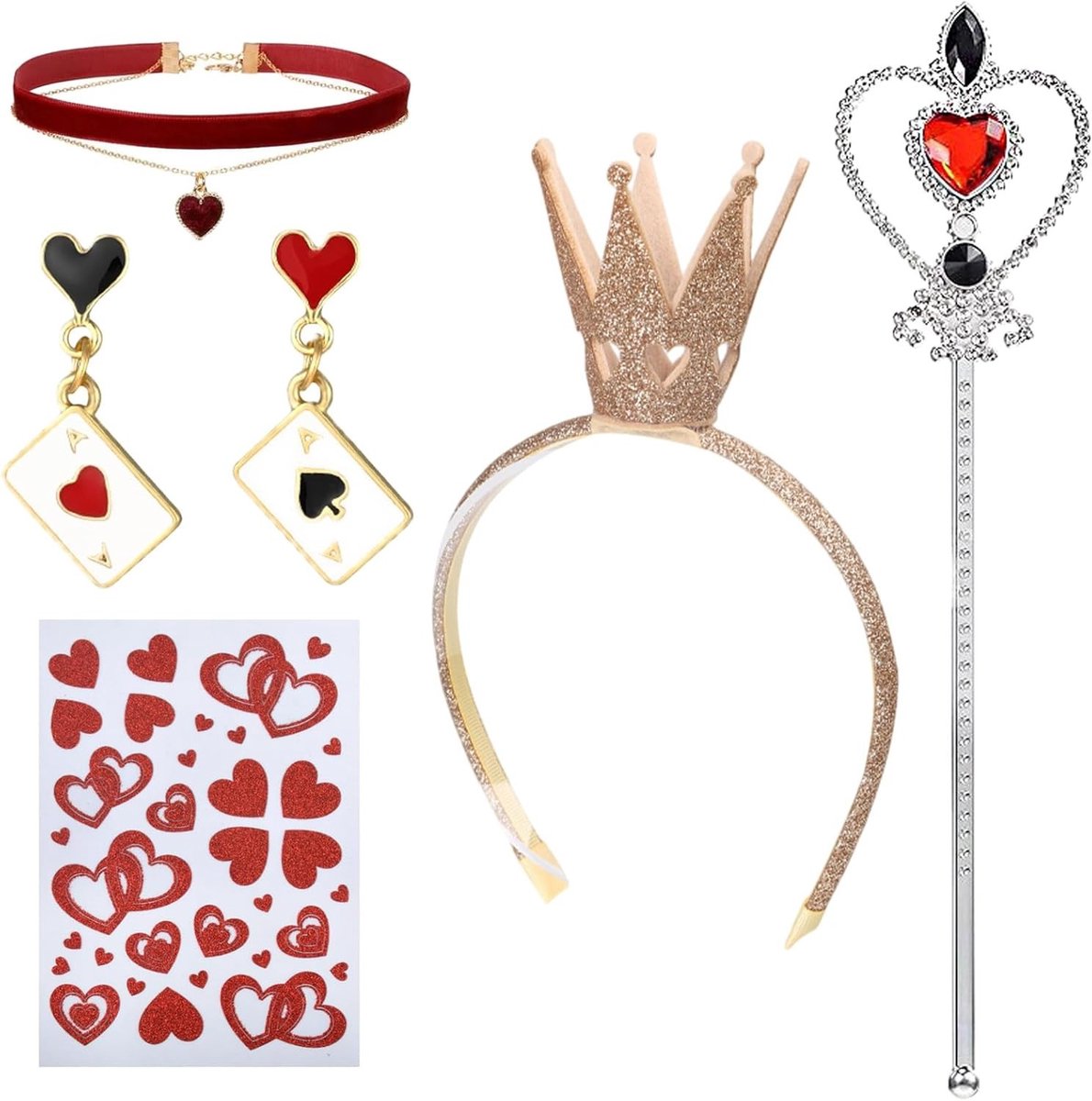Koninklijke Kostuumset voor Vrouwen - 5-delige Set met Kroon, Hartvormige Oorbellen, Ketting en Scepter voor Halloween en Carnaval