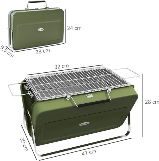 Kofferbarbecue, mini-houtskoolbarbecue, opvouwbaar, met houtskoolbak en asopvangbak, metalen behuizing, groen van Merkloos — afbeelding 4