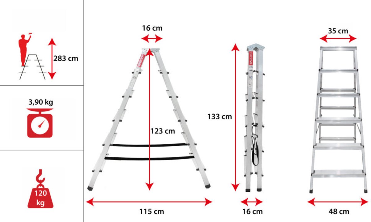 Baulich Dubbelzijdige aluminium trapladder - 6 treden met antislip platform - opvouwbare huishoudladder, werkhoogte 283 cm – foto 8